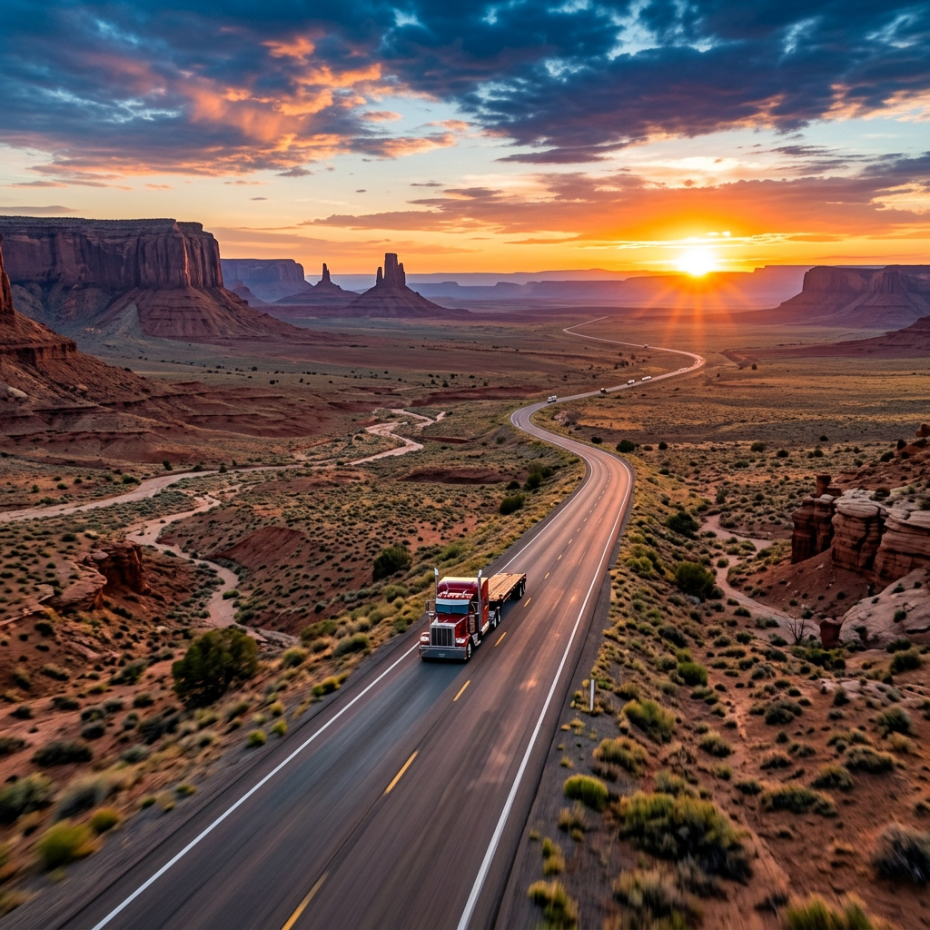 Red semi-truck hauling trailer along desert highway at sunset